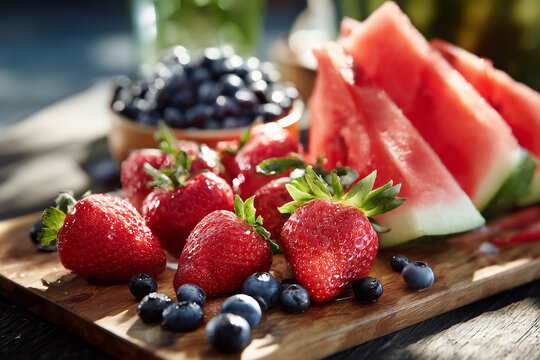 Fresh strawberries blueberries and watermelon on wooden board with water drops in summer sunlight