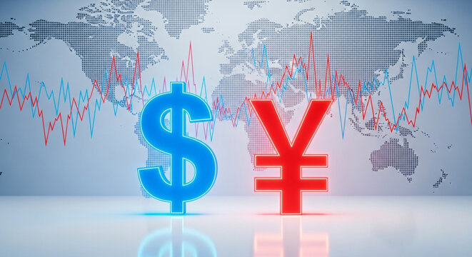 3D dollar and yen currency symbols on global financial market charts with world map background