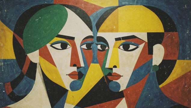 Vintage abstract people face geometric art distressed grainy retro background with dust particles and scratches.

