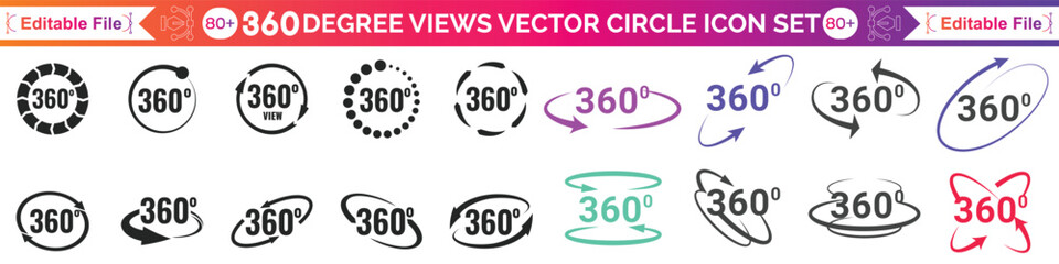 360 degrees vector icon set. Round signs with arrows rotation to 360 degrees. 360 degree complete angle or a full angle. 360 degrees logo, label, badge, symbol, banner, circle, black, line, isolated. © Ragena