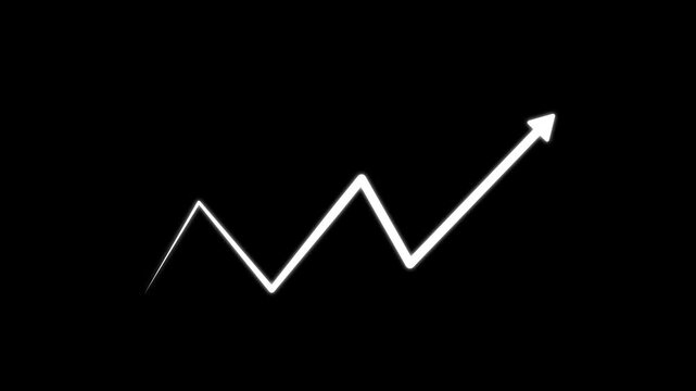 white hand-drawn brush stroke arrow isolated on a black background. white business arrow graph going up volatile market graph. motion . animation 4k video