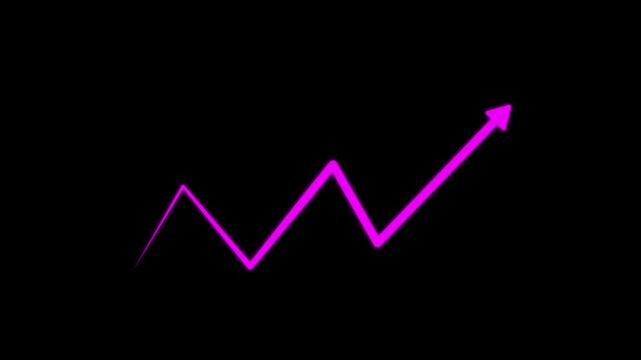 Pink hand-drawn brush stroke arrow isolated on a black background. pink business arrow graph going up volatile market graph. motion . animation 4k video