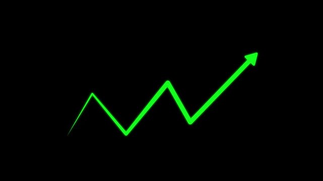 Green hand-drawn brush stroke arrow isolated on a black background. green business arrow graph going up volatile market graph. motion . animation 4k video