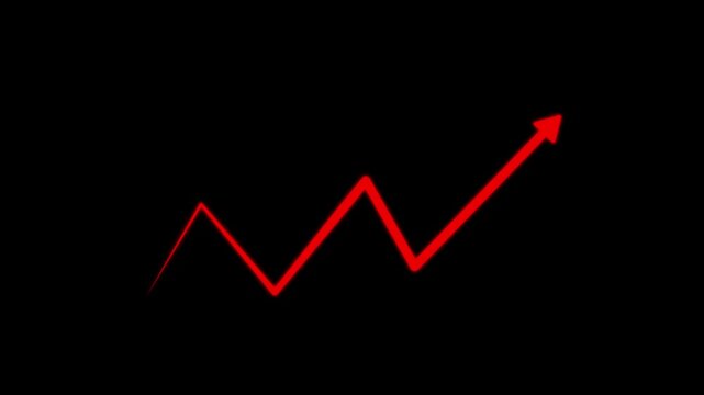 Red hand-drawn brush stroke arrow isolated on a black background. red business arrow graph going up volatile market graph. motion . animation 4k video