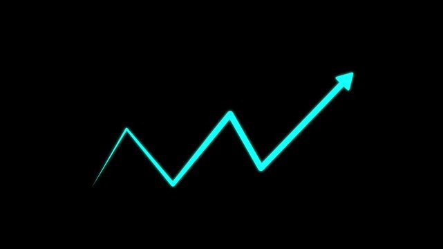 Cyan hand-drawn brush stroke arrow isolated on a black background. cyan business arrow graph going up volatile market graph. motion . animation 4k video