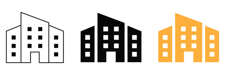 Office building icon set with modern corporate architecture design in black and orange outline and solid flat styles for real estate business company and urban city property vector illustration. © Shekhar438
