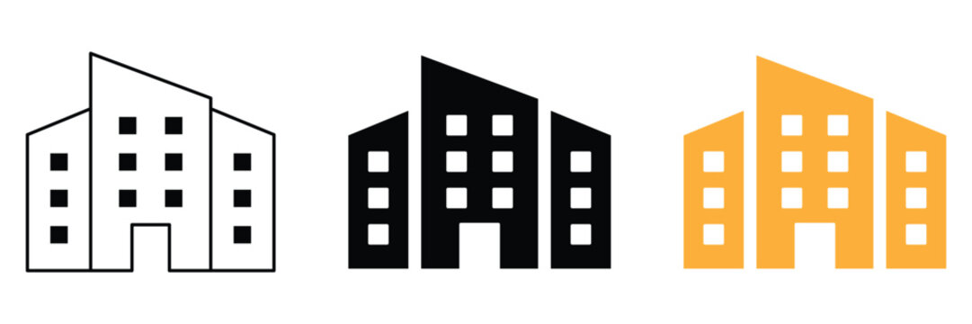 Office building icon set with modern corporate architecture design in black and orange outline and solid flat styles for real estate business company and urban city property vector illustration.