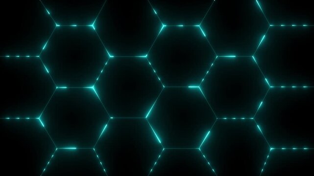 animated background with turbulent hexagon tiles and background light, abstract wallpaper. Abstract Colorful Glowing Neon Electric hexagon animation. abstract background cyan hexagon technology. 4k..