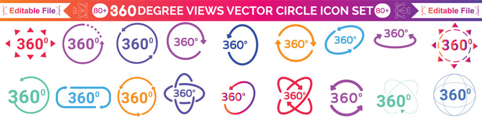 360 degrees vector icon set. Round signs with arrows rotation to 360 degrees. 360 degree complete angle or a full angle. 360 degrees logo, label, badge, symbol, banner, circle, black, line, isolated. © Ragena