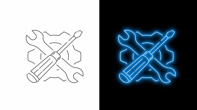 Maintenance, repair, engineering, and technical support. Minimal outline animation of a gear combined with a wrench tools, Simple and Glowing Neon Style 