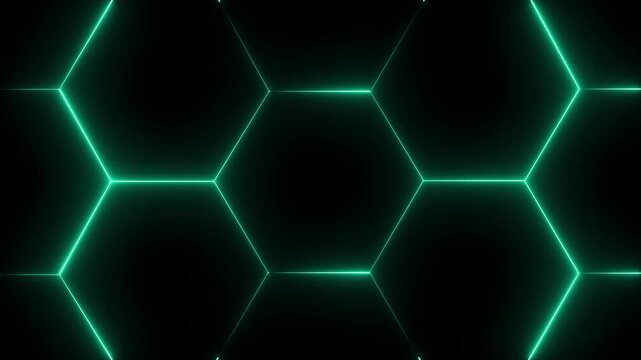 glowing neon light hexagon frame animated on black background. futuristic abstract hexagonal grid background growth line Geometric Surface light hexagon. . 4k video animation