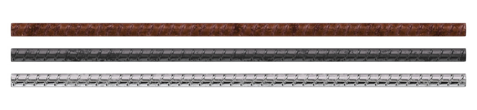 Isolated Set of Rusty Matte and Shiny Steel Rebar Rods. 3D Rendering.