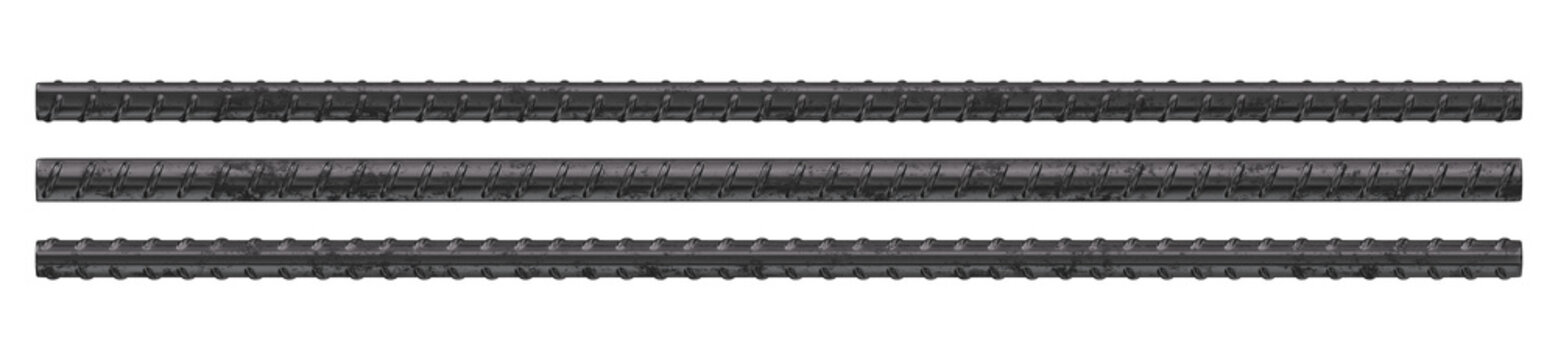 Isolated Set of Three Horizontal Dark Grey Steel Rebar Rods. 3D Rendering.