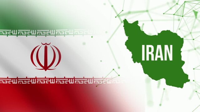 The flag of Iran and the outline of the Iran map on a geometric light background. 4K