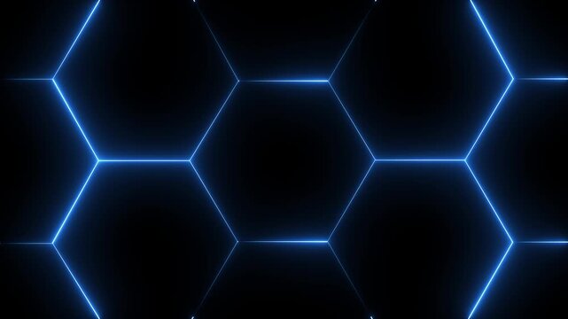 glowing neon light hexagon frame animated on black background. futuristic abstract hexagonal grid background growth line Geometric Surface light hexagon. . 4k video animation