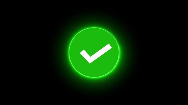 Glossy green circle button with a white check mark sign on a black background as a vector web icon symbol for choice and business acceptance.