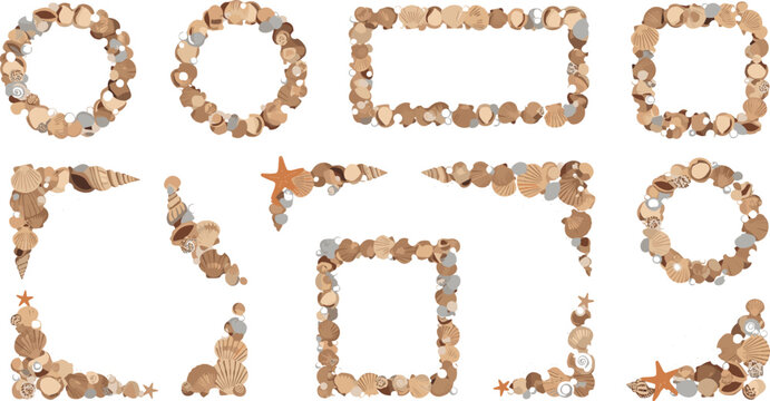 Seashell frame collection with decorative borders made of ocean shells and starfish, beach themed design elements vector illustration set for summer projects