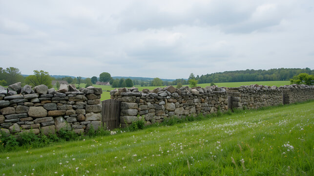 Tightly Constructed Beautiful Old Stone Wall in a Field at Stroud Preserve, Chester County, Pennsylvania, USA