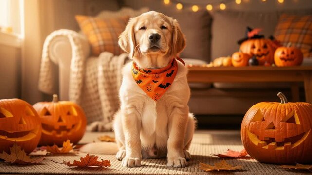 Cute golden retriever puppy wearing Halloween bandana sitting among carved pumpkins outdoors