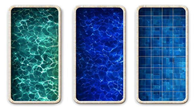 Three swimming pool images with different shades of blue