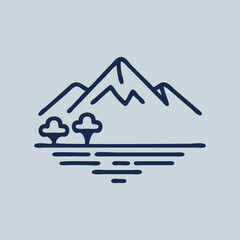 Logo agencia de viajes. Vacaciones de verano. Dibujo sencillo con líneas de un paisaje con una isla con montaña, árboles y olas © teracreonte