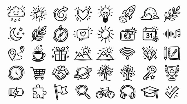 Comprehensive Hand-drawn Outline Doodle Icon Set with Weather, Nature, Business, and Technology Symbols on Isolated White Background