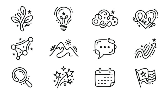 Diverse Collection of Nature, Business, and Communication Line Icons on Isolated White Background