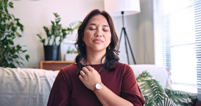 Video call, eft tapping or woman in clinic with technique, reiki aid or help in online session. Mental health, POV or therapist with hyaotheraphy, digital guide or body support in holistic practice.