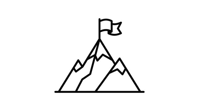Mountain Peak with Flag Symbolizing Achievement and Reaching Goals, isolated white background