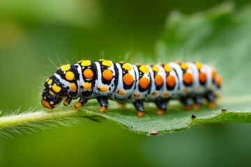 Naklejka premium Colorful caterpillar with vibrant orange and yellow spots crawling along the edge of a green leaf in a natural outdoor setting with blurred background