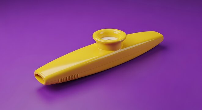 Yellow plastic kazoo musical instrument on purple background  simple fun toy for kids and adults