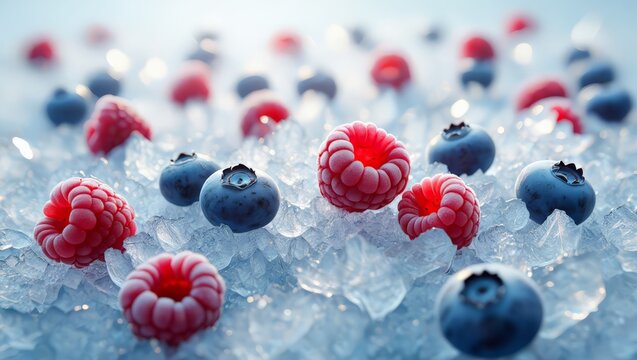A visually appealing arrangement of frozen mixed berries and vegetables on ice cubes, highlighting their colors and textures in a close-up view.