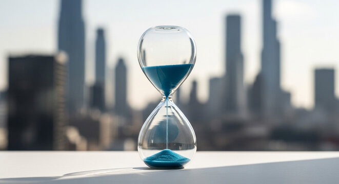 Hourglass with blue sand against modern city skyline at sunset