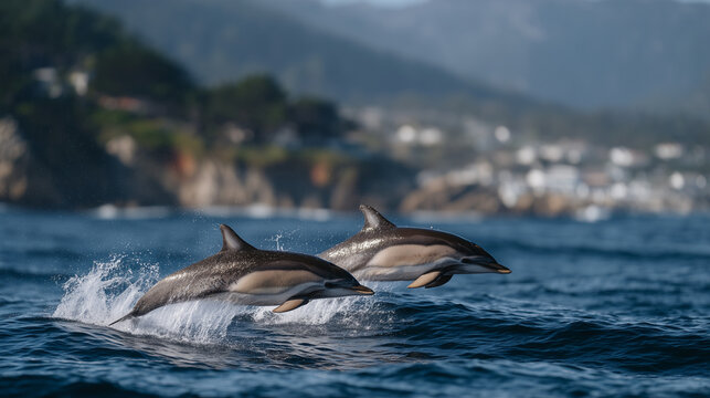 Split screen showing same dolphin pod using different vocalization patterns in two ocean regions demonstrating dialect variations in marine communication, ideal for cetacean linguistics research ima