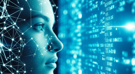 Obraz premium Woman analyzing futuristic digital data network with glowing blue tech interface