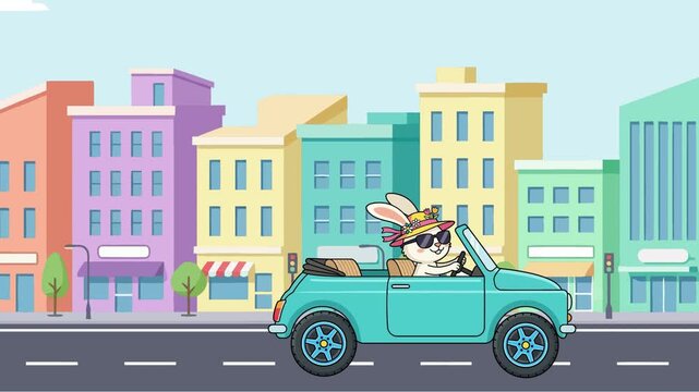 A cute cartoon rabbit wearing sunglasses and a hat drives a convertible car down a city street with colorful buildings in the background.