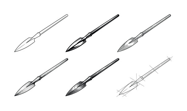 A set of six ancient spearhead illustrations in various hand-drawn styles like engraving and line art. Perfect for historical designs, weapon concepts, or vintage tattoo art.