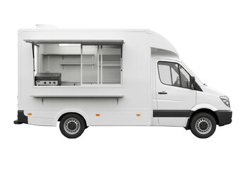 Fototapeta premium Modern white food truck with open service window and grill isolated on transparent background