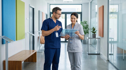 Obraz premium A doctor and a nurse reviewing medical test result