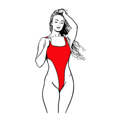 Logotipo con dibujo con líneas de una mujer con bikini sexy de pie con una mano en el cabello  © teracreonte