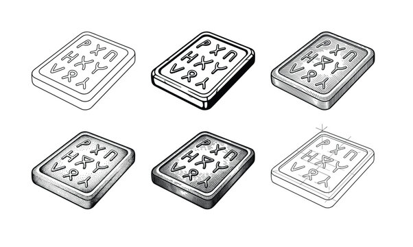 Set of six ancient stone tablets with mysterious runic symbols. Vector collection in different graphic styles like engraving and line art. For history, fantasy or esoteric design.