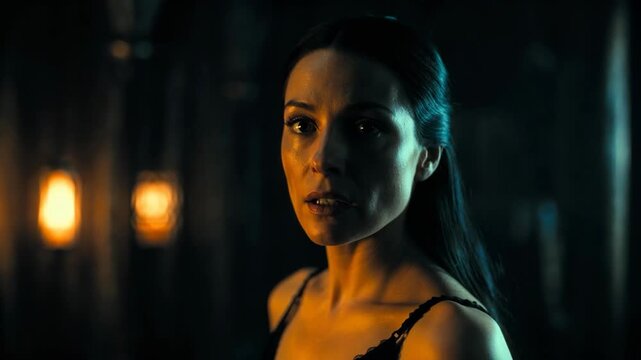 A woman shown in profile under cinematic low light on a dark blurred background, evoking mystery and introspection