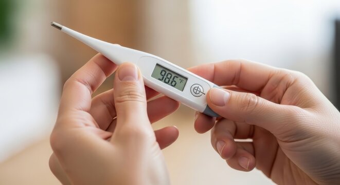 Close-up shot of hands holding a modern digital thermometer displaying a healthy body temperature of 98.6 degrees Fahrenheit, signifying personal wellness and routine health monitoring at home