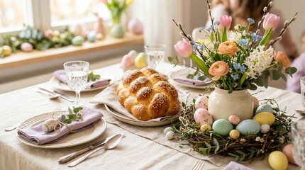 Fototapeta premium Festive Easter table with braided bread, pastel eggs and spring flowers creating cozy seasonal home celebration scene