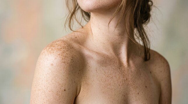 Close up portrait of freckled female skin with natural texture and soft light highlighting beauty and authenticity