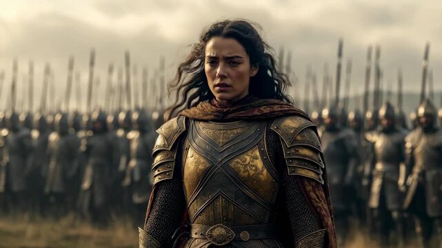 Female warrior in ornate armor in a cinematic style on a misty field background, symbolizing courage and determination