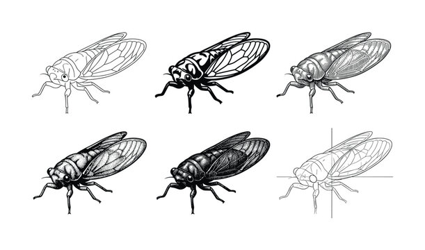 A versatile set of six cicada vector illustrations in various styles: engraving, line art, silhouette, and dotwork. Perfect for scientific, educational or artistic projects.