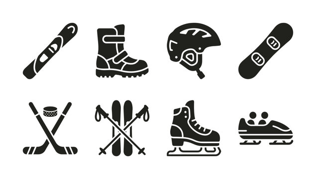 A set of black glyph icons for winter sports equipment and recreation. Includes snowboard, ski, hockey, skate, and bobsled symbols for design.