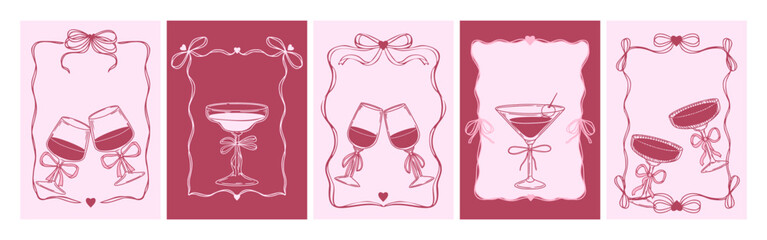 Cocktail poster. Hand drawn party drink. Sketch drinks with ribbon, bow in decorative frames for wedding invitations, posters, event cards, celebration, menu. Vector concept