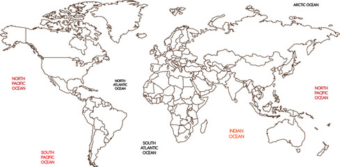 World Map Outline with Country Borders and Major City Labels © Abbas Masood